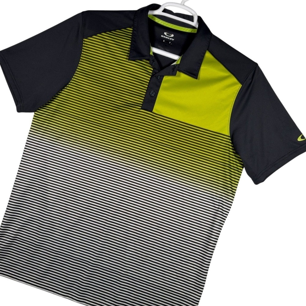Oakley Mens O-Hydrolix Golf Polo Shirt Large Gray Neon Green Striped Performance